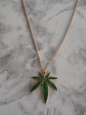 Gold Tone Green Pot Leaf Pendant Necklace - Women Jewelry